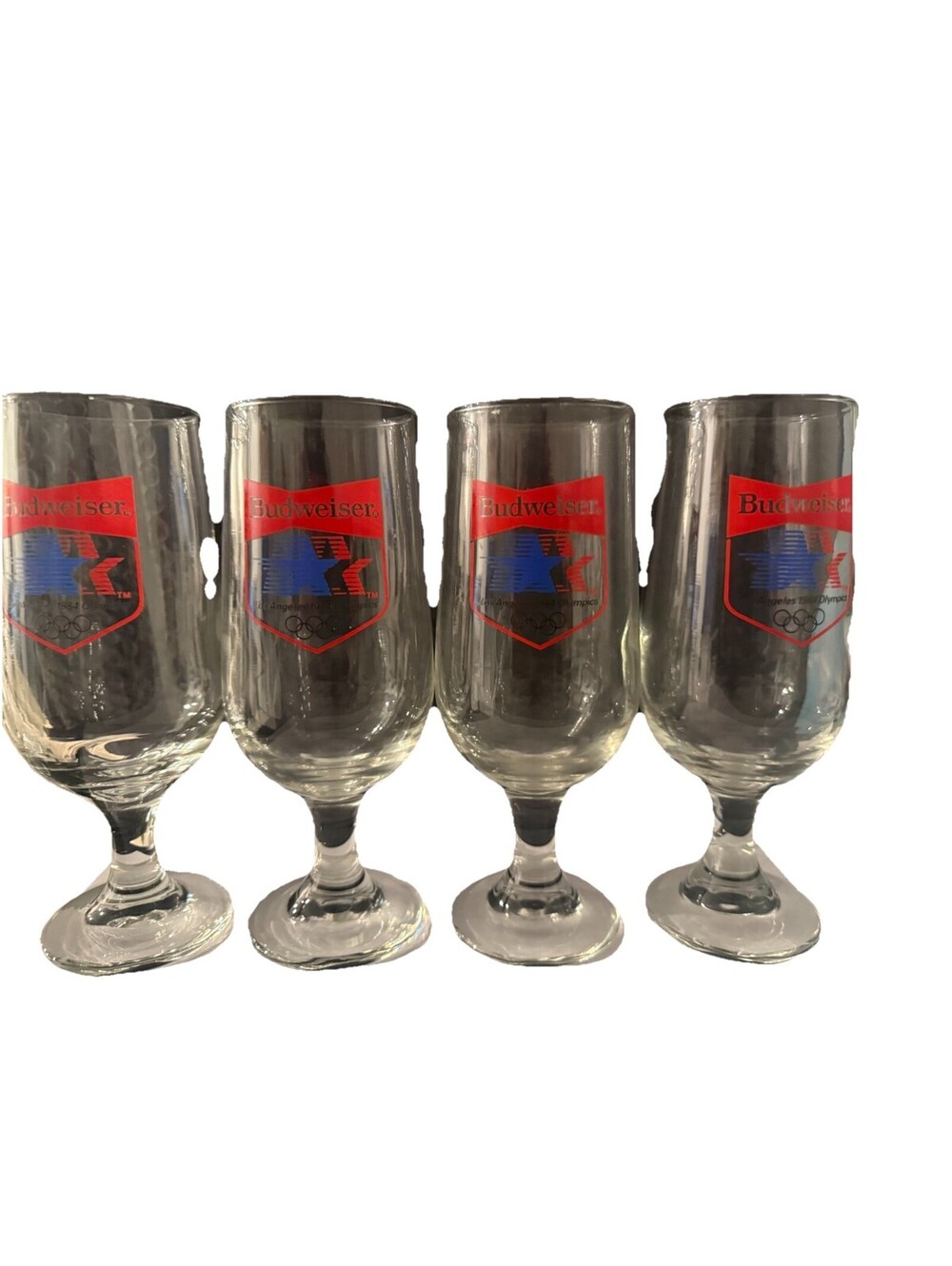 Set of 4 Budweiser 1984 Los Angeles Olympics Beer Glasses Stemmed Tulip Shape